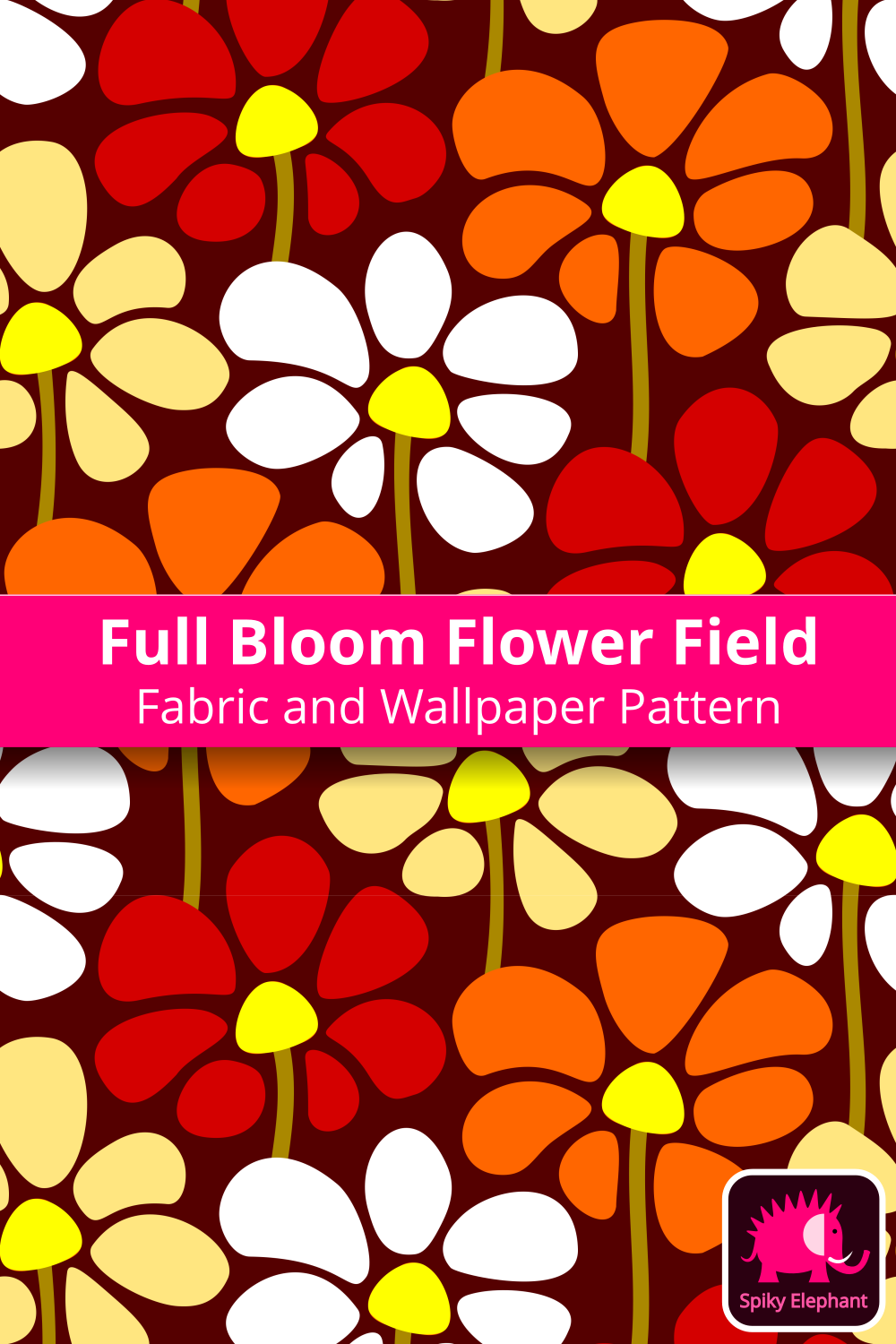Full Bloom Flower Field - Fall colors: white, yellow, orange and red flowers, dark brown background wallpaper and fabric - Fall colors: white, yellow, orange and red flowers, dark brown background