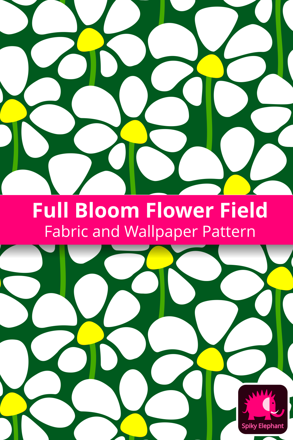 Full Bloom Flower Field - White and yellow flowers, green background wallpaper and fabric - White and yellow flowers, green background