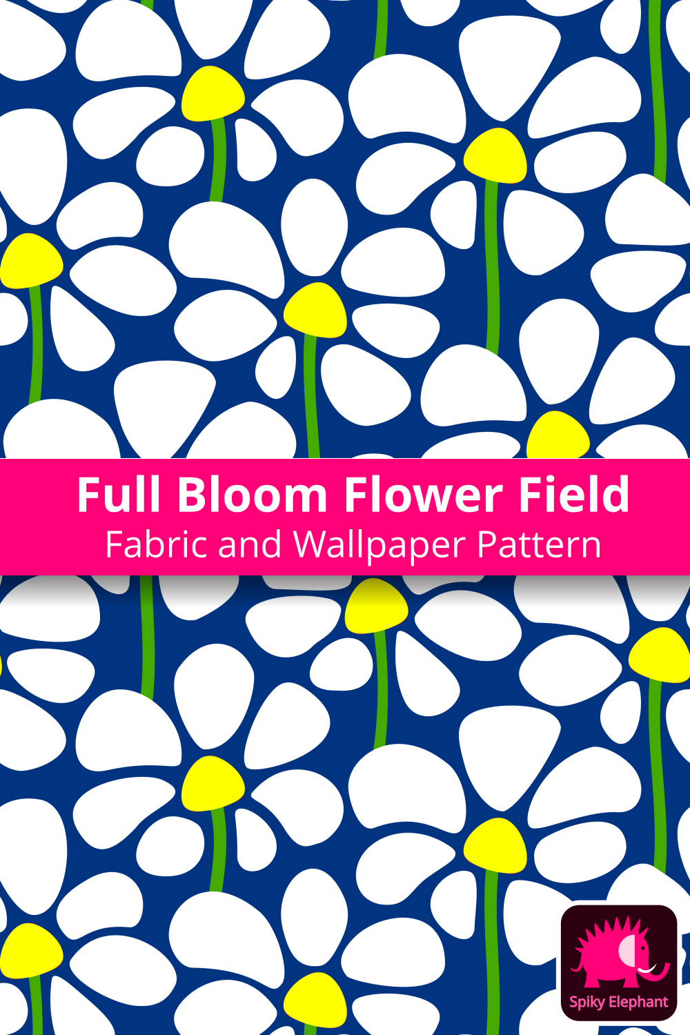 Full Bloom Flower Field - White and yellow flowers, navy blue background wallpaper and fabric - White and yellow flowers, navy blue background