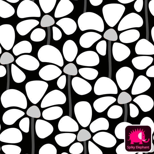 Full Bloom Flower Field wallpaper and fabric - White flowers, black background