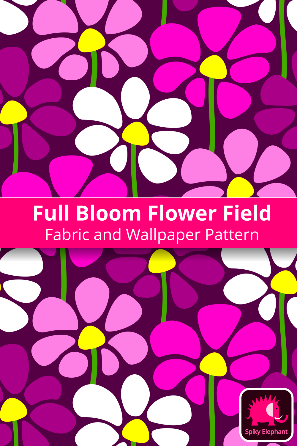 Full Bloom Flower Field - White, pink, magenta and purple flowers, dark purple background wallpaper and fabric - White, pink, magenta and purple flowers, dark purple background
