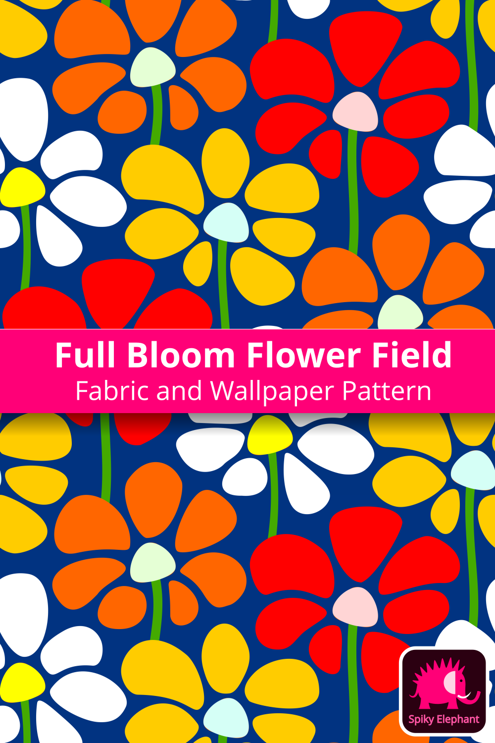 Full Bloom Flower Field wallpaper and fabric - White, yellow, orange and red flowers, navy blue background