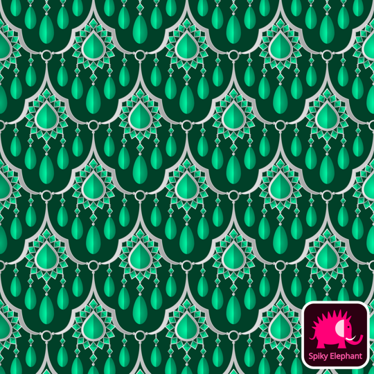 Gemstone Curtain wallpaper and fabric - Elegant Emerald Green and Silver on Dark Green