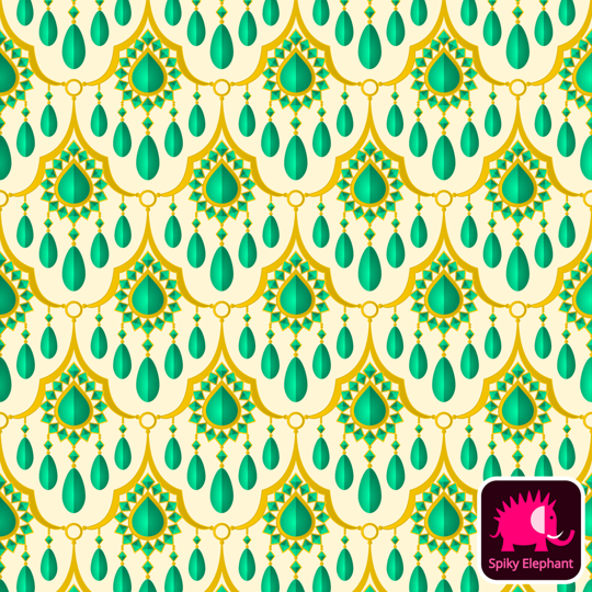 Gemstone Curtain wallpaper and fabric - Elegant Emerald Green and Yellow Gold on Yellow Cream