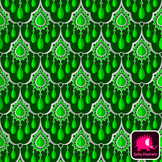 Gemstone Curtain wallpaper and fabric - Joyful Jade Green and Silver on Dark Green