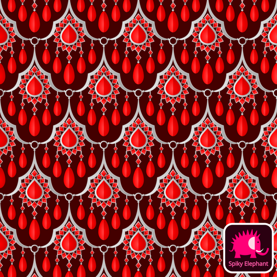 Gemstone Curtain wallpaper and fabric - Radiant Ruby Red and Silver on Dark Maroon