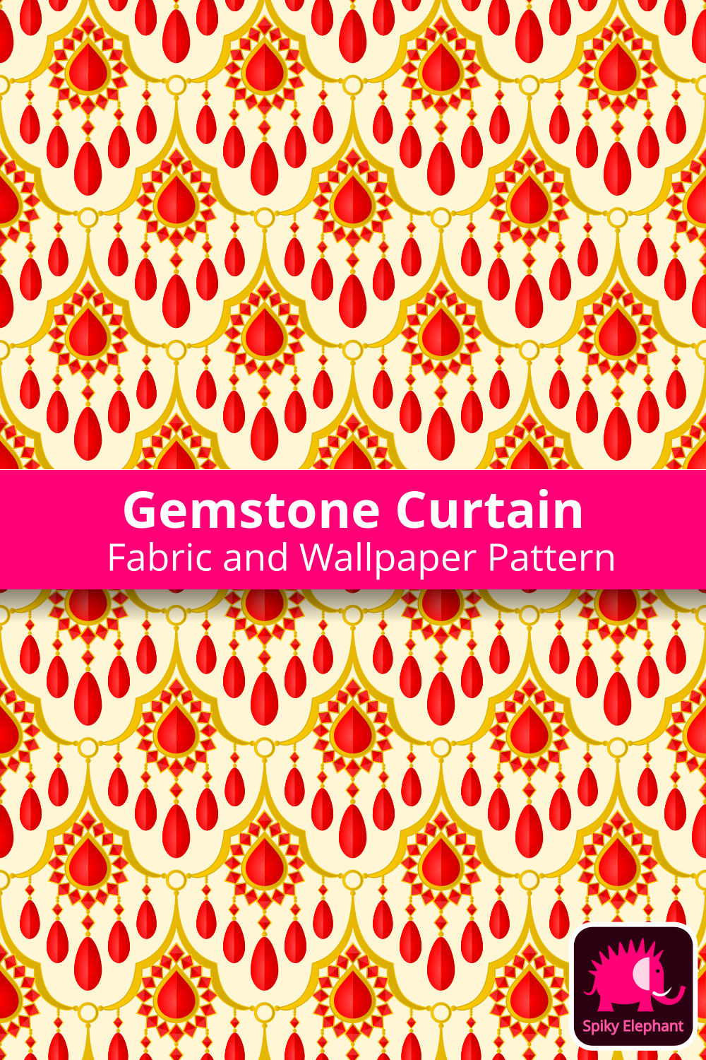 Gemstone Curtain wallpaper and fabric - Radiant Ruby Red and Yellow Gold on Yellow Cream