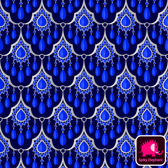 Gemstone Curtain wallpaper and fabric - Sparkling Sapphire Blue and Silver on Navy Blue