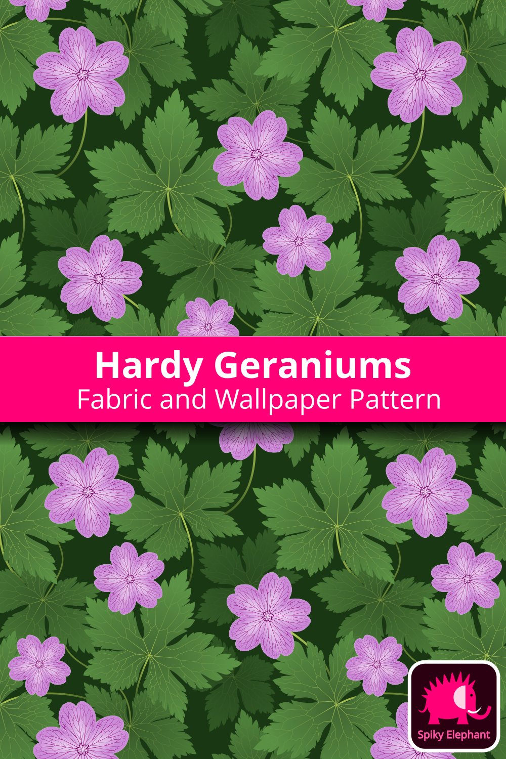 Hardy Geranium Flowers / Bohemian Cranesbill wallpaper and fabric - Pink Geraniums on Dark Green