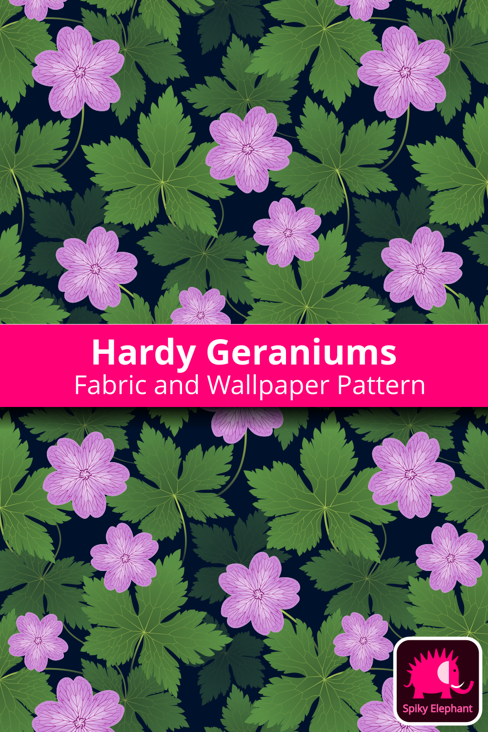 Hardy Geranium Flowers / Bohemian Cranesbill - Pink Geraniums on Dark Navy Blue wallpaper and fabric - Pink Geraniums on Dark Navy Blue