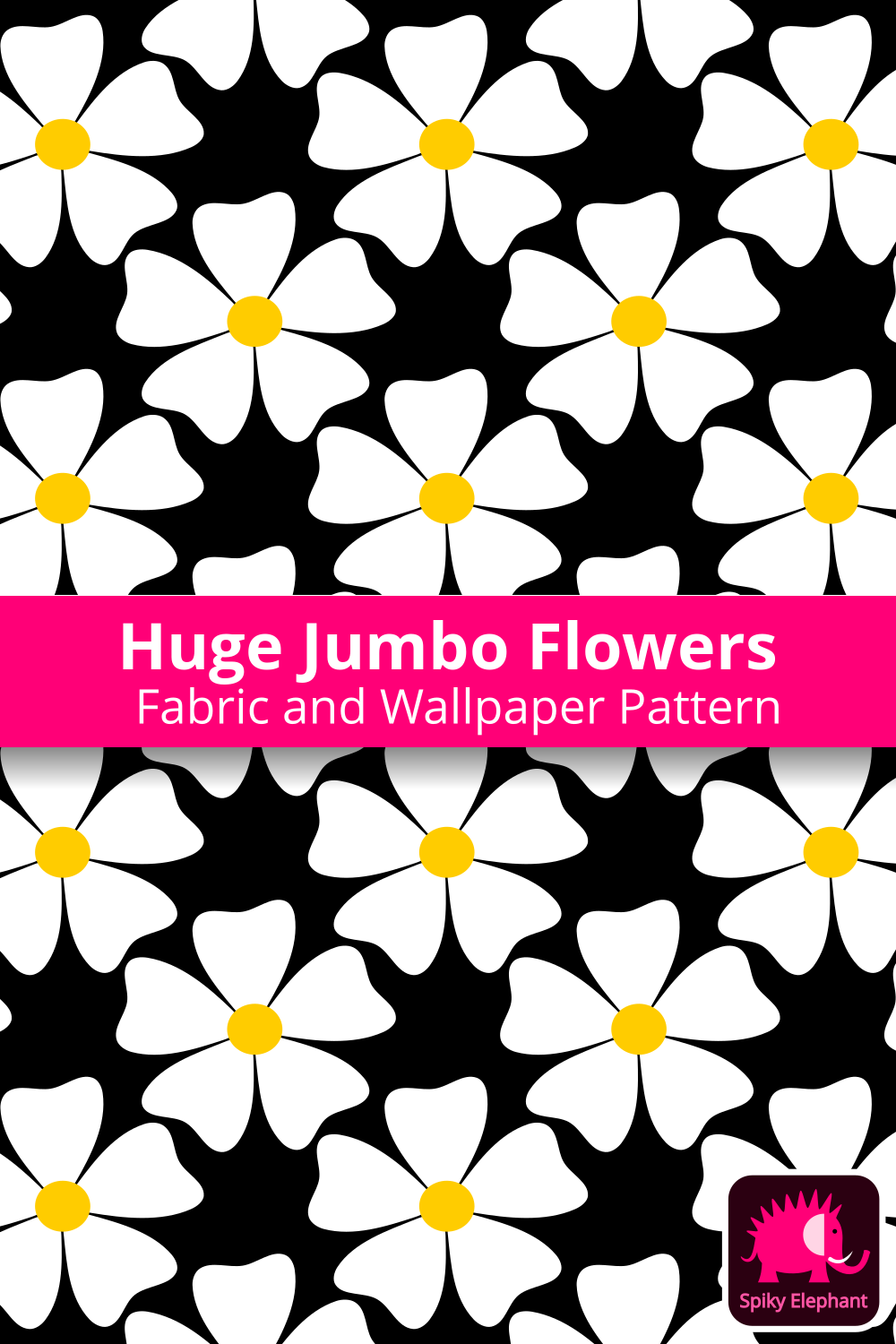 Huge Jumbo Flowers wallpaper and fabric - Huge White Flowers on Black