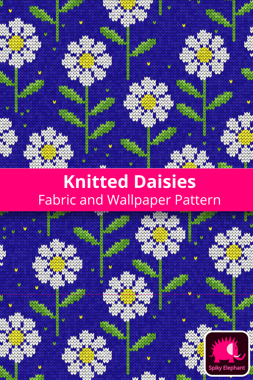 Knitted Daisies - Yellow and White Daisies, Deep Sky Blue Background wallpaper and fabric - Yellow and White Daisies, Deep Sky Blue Background