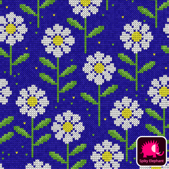 Knitted Daisies - Yellow and White Daisies, Purple Mauve Background wallpaper and fabric - Yellow and White Daisies, Deep Sky Blue Background