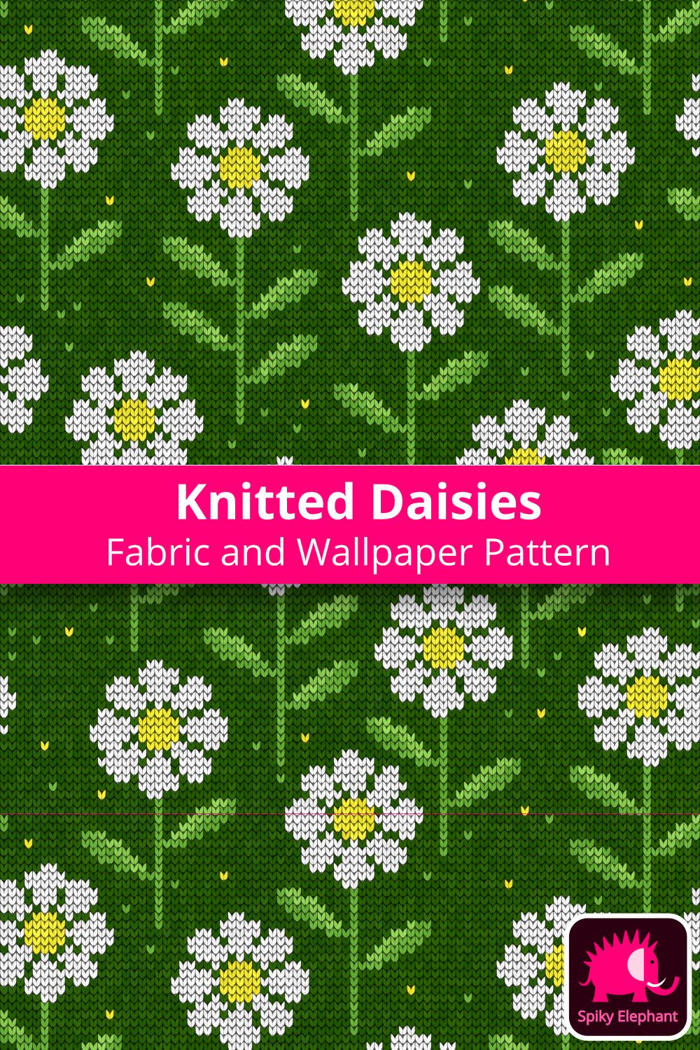 Knitted Daisies - Yellow and White Daisies, Forest Green Background wallpaper and fabric - Yellow and White Daisies, Forest Green Background