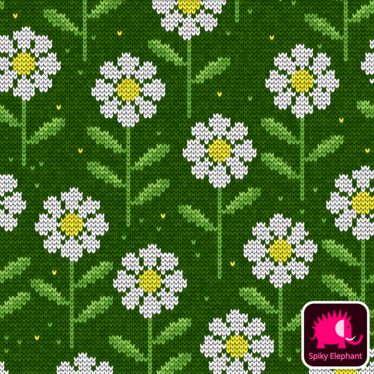 Knitted Daisies - Yellow and White Daisies, Purple Mauve Background wallpaper and fabric - Yellow and White Daisies, Forest Green Background