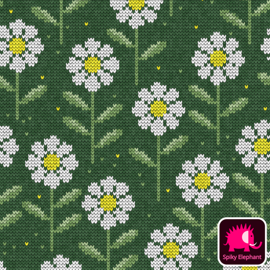 Knitted Daisies - Yellow and White Daisies, Purple Mauve Background wallpaper and fabric - Yellow and White Daisies, Green Background