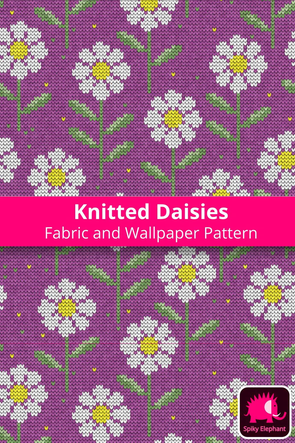 Knitted Daisies - Yellow and White Daisies, Purple Mauve Background wallpaper and fabric - Yellow and White Daisies, Purple Mauve Background