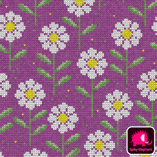 Knitted Daisies wallpaper and fabric - Yellow and White Daisies, Purple Mauve Background