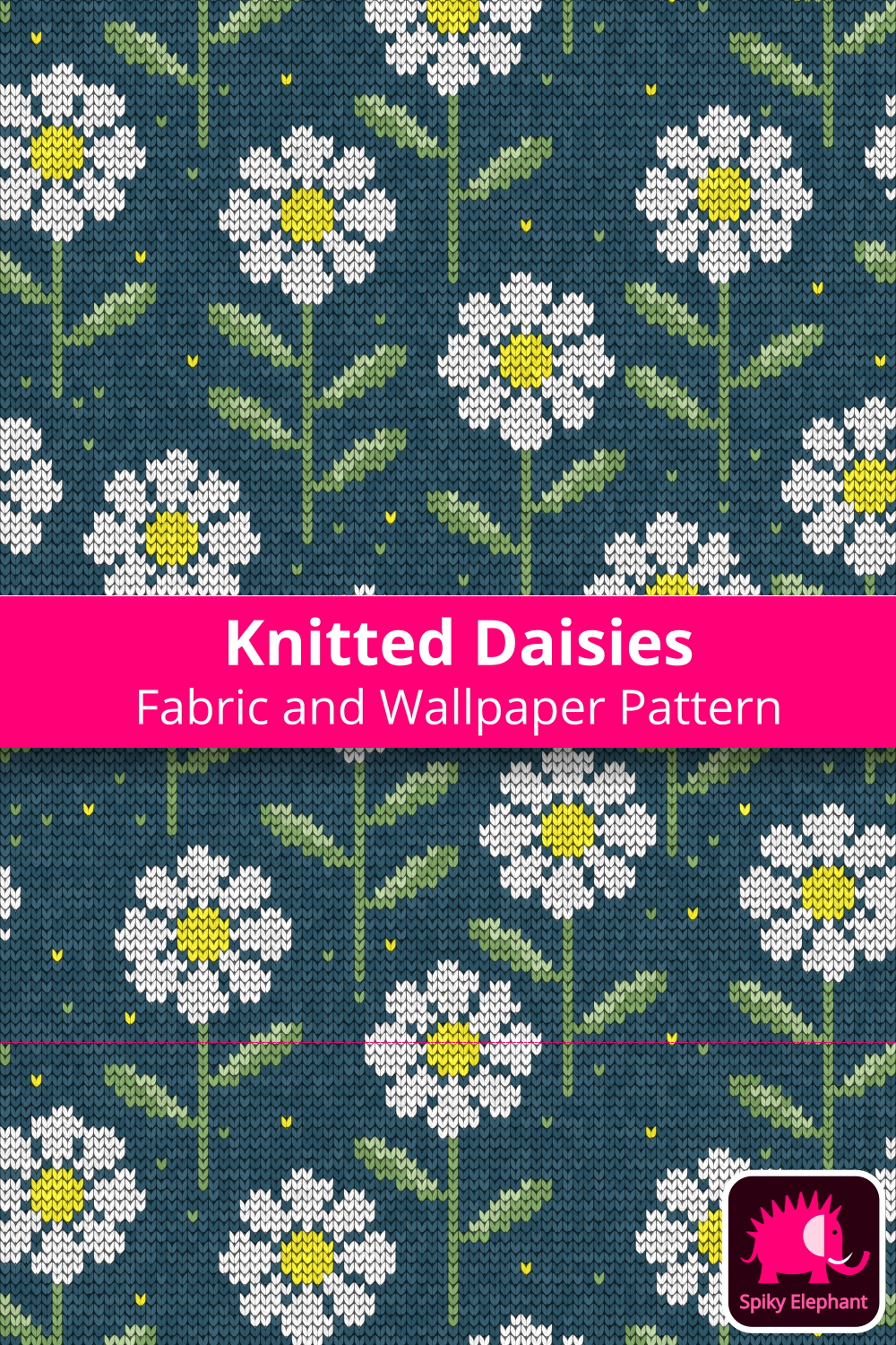 Knitted Daisies wallpaper and fabric - Yellow and White Daisies, Teal Blue Background