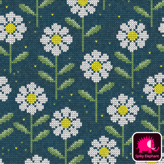 Knitted Daisies - Yellow and White Daisies, Purple Mauve Background wallpaper and fabric - Yellow and White Daisies, Teal Blue Background