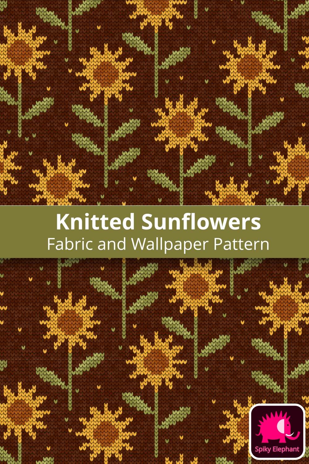 Knitted Sunflowers - Yellow, orange, sage green and brown wallpaper and fabric - Yellow, orange, sage green and brown