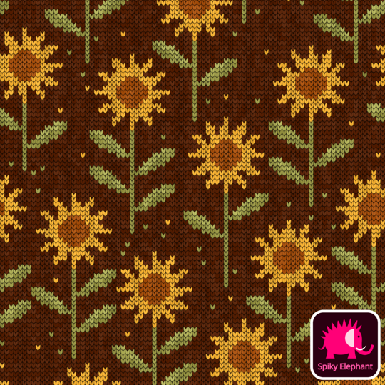 Knitted Sunflowers wallpaper and fabric - Yellow, orange, sage green and brown