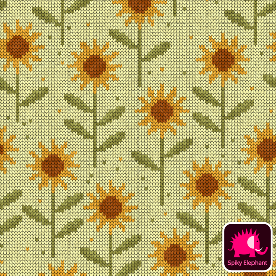 Knitted Sunflowers wallpaper and fabric - Yellow, orange sage green and light yellow green