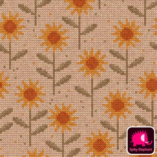 Knitted Sunflowers wallpaper and fabric - Yellow, orange, sage green and peach cream