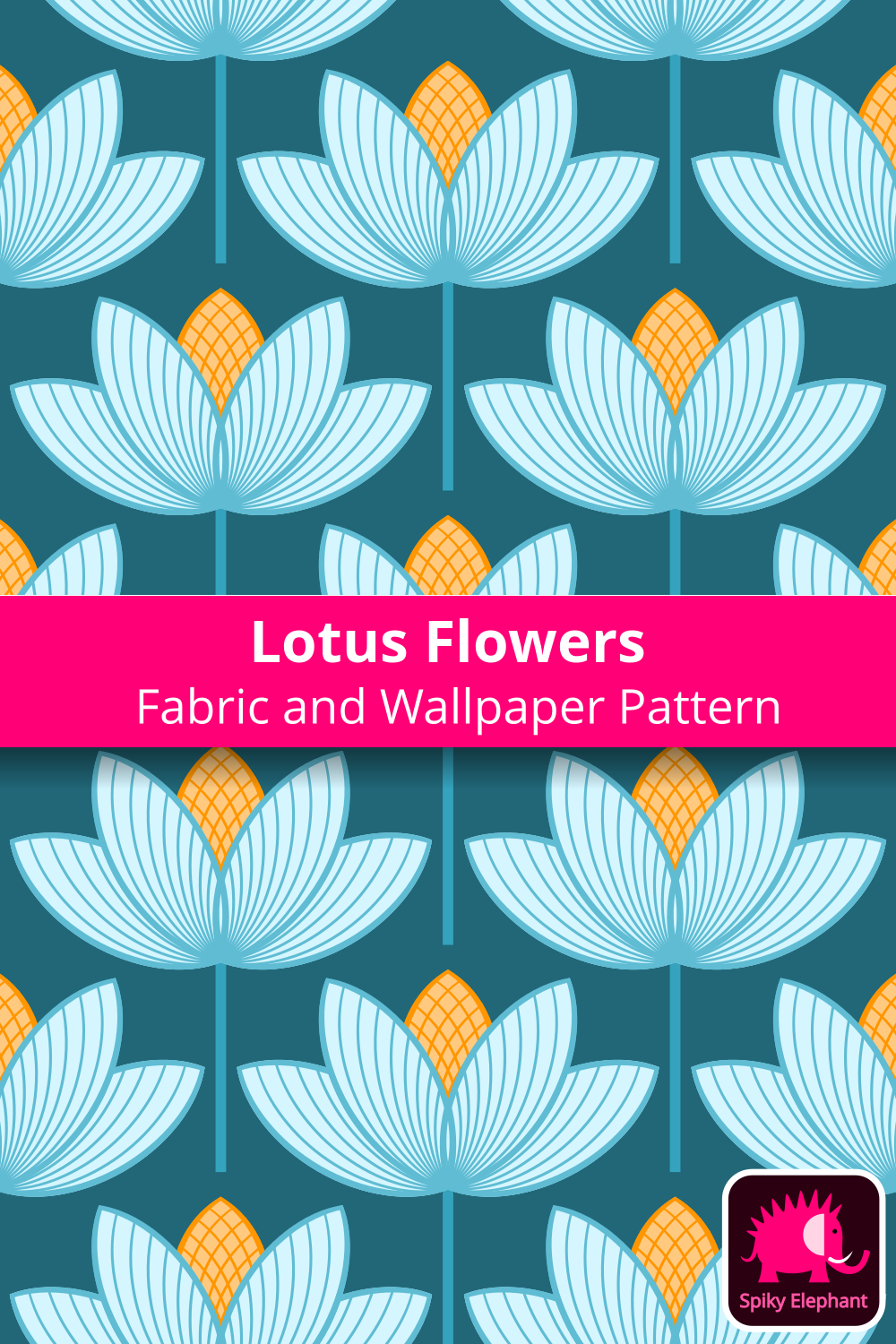 Lotus Flowers - Blue and Cyan, Yellow Orange, Teal Blue wallpaper and fabric - Blue and Cyan, Yellow Orange, Teal Blue