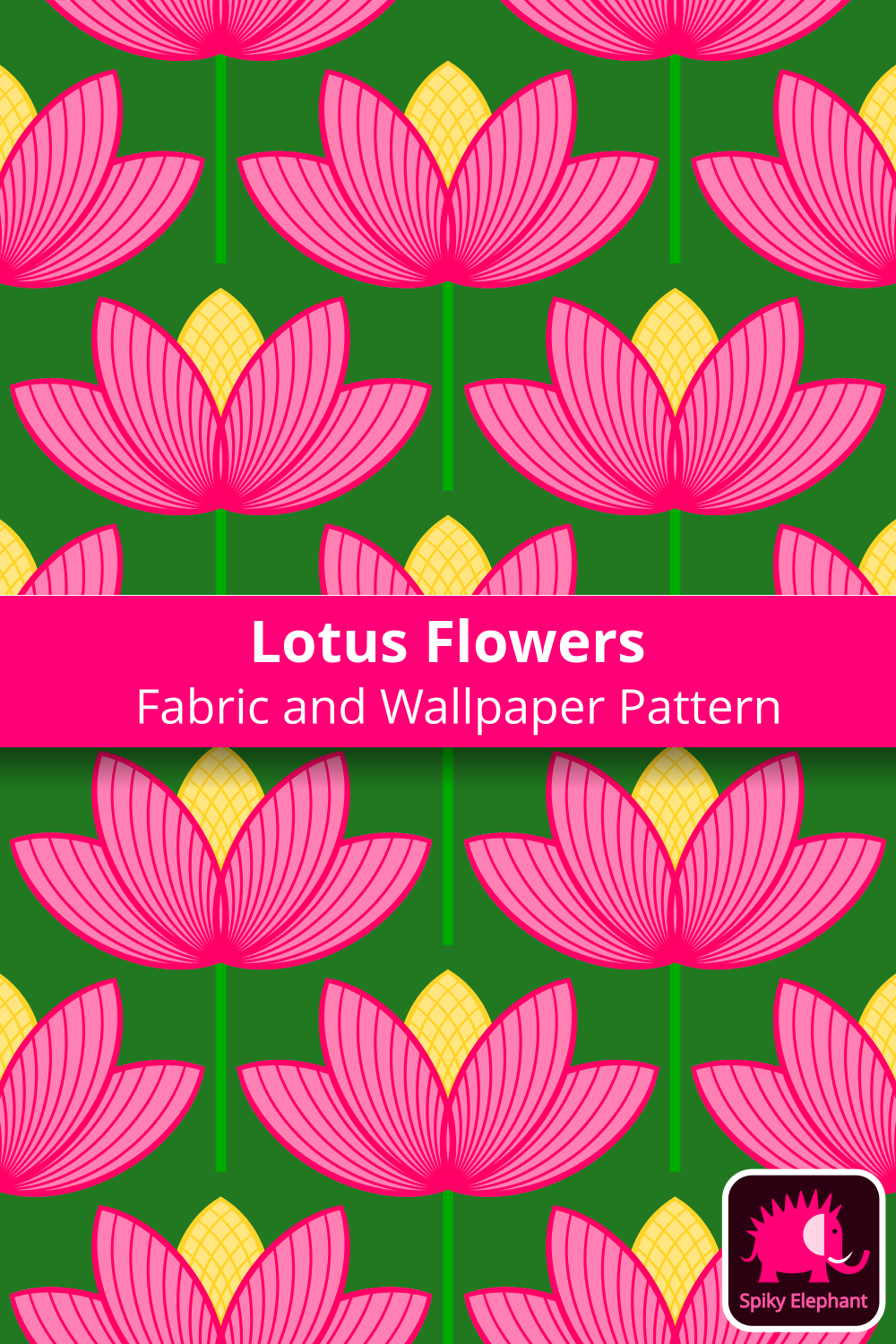 Lotus Flowers - Hot Pink and Fuchsia, Yellow, Forest Green wallpaper and fabric - Hot Pink and Fuchsia, Yellow, Forest Green