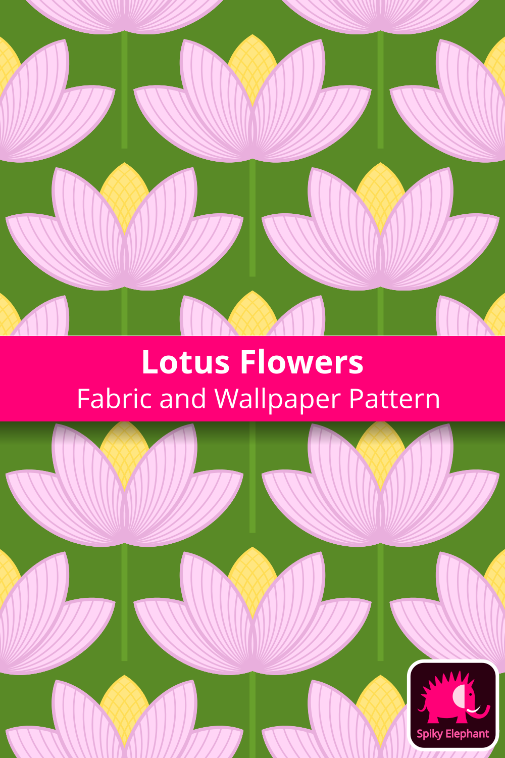 Lotus Flowers - Pink Lavender, Yellow, Forest Green wallpaper and fabric - Pink Lavender, Yellow, Forest Green