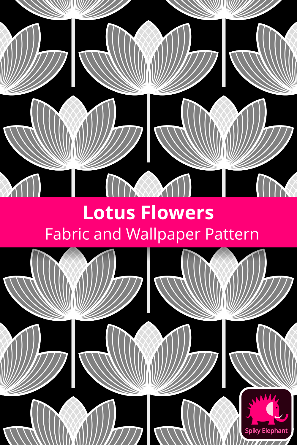 Lotus Flowers - White and Black, Silver Grey, Black wallpaper and fabric - White and Black, Silver Grey, Black