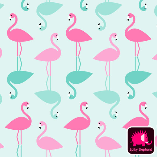 Mirror Flamingos wallpaper and fabric - Pink, Green, Blue, Teal Flamingos on Light Blue