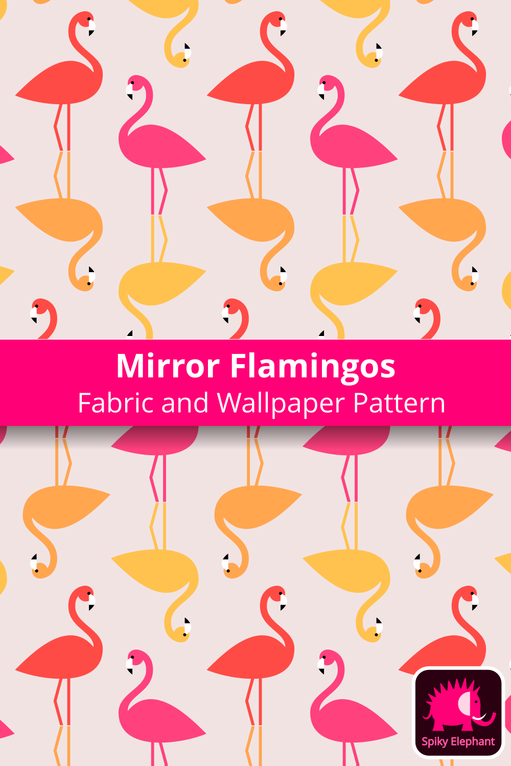 Mirror Flamingos wallpaper and fabric - Red, Pink, Orange, Yellow Flamingos on Peach Cream