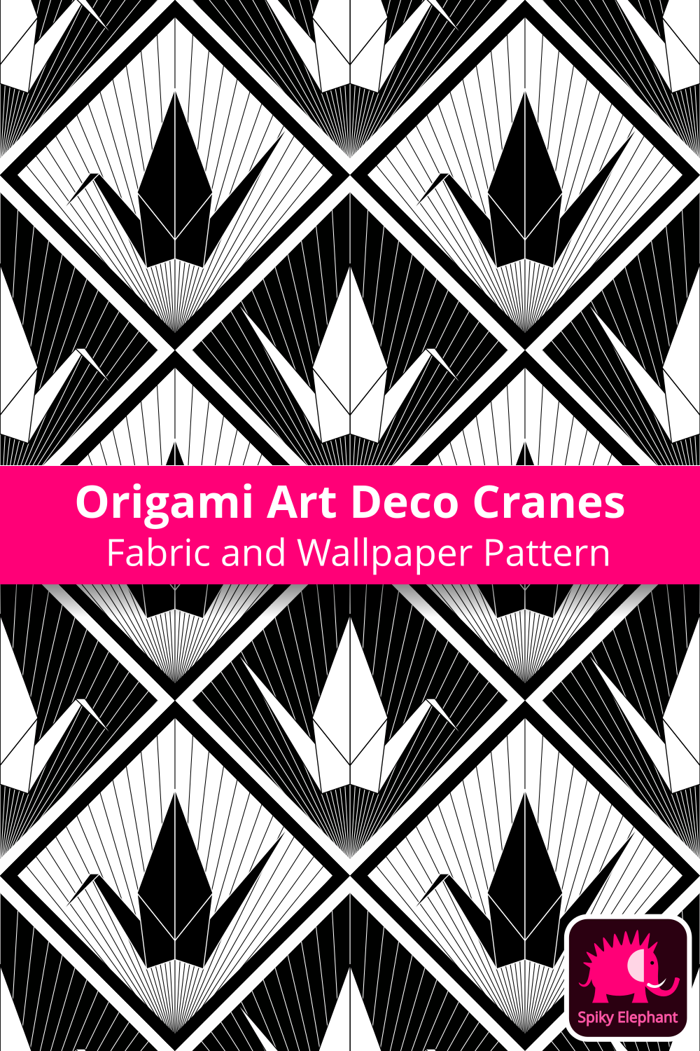 Origami Art Deco Cranes - Black and White wallpaper and fabric - Black and White