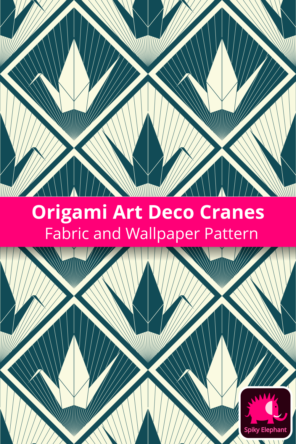 Origami Art Deco Cranes - Dark Teal and Off White wallpaper and fabric - Dark Teal and Off White