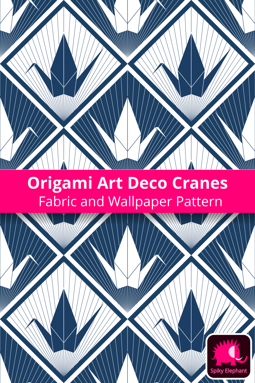 Origami Art Deco Cranes wallpaper and fabric - Navy Blue and White