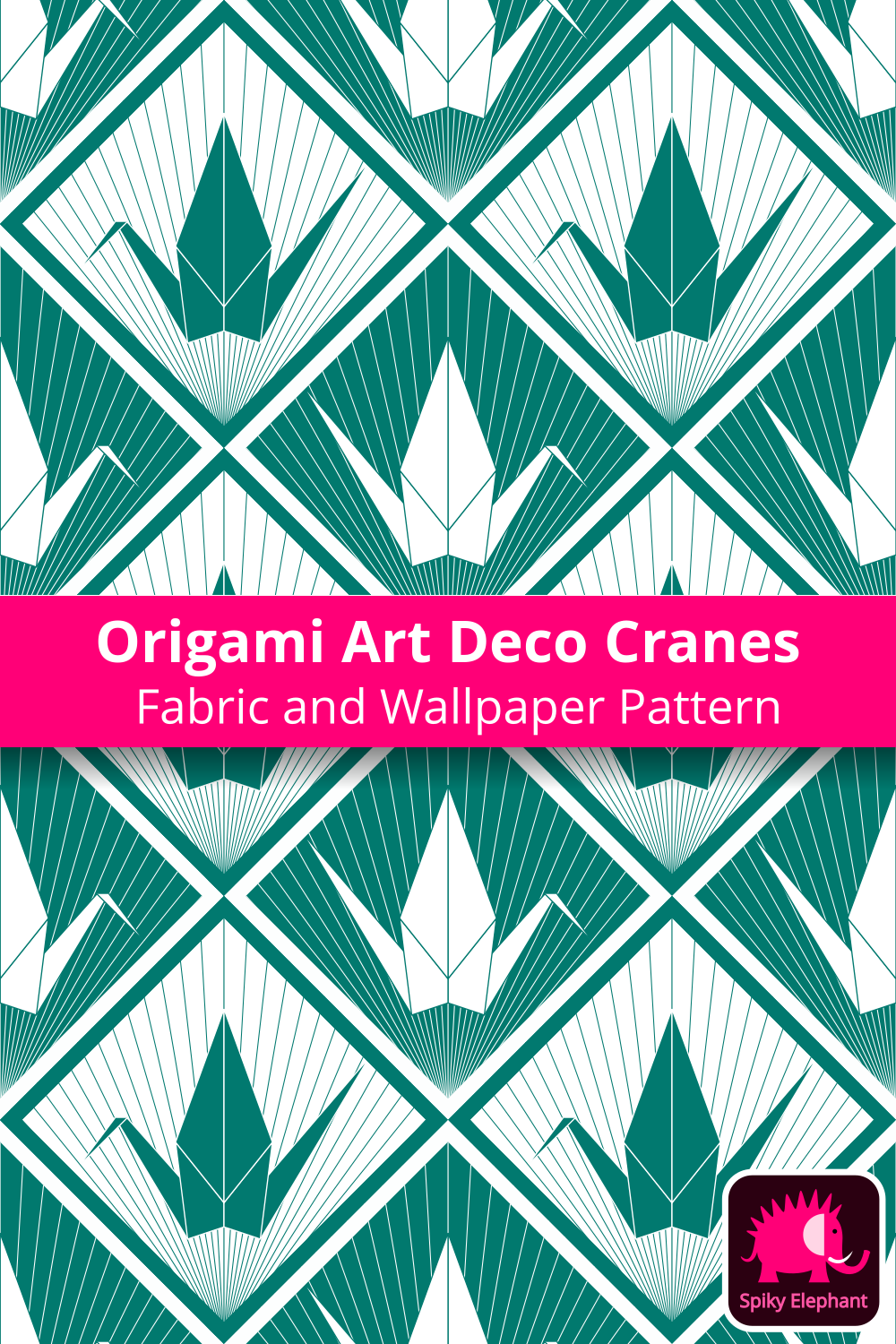 Origami Art Deco Cranes - Pine Green and White wallpaper and fabric - Pine Green and White