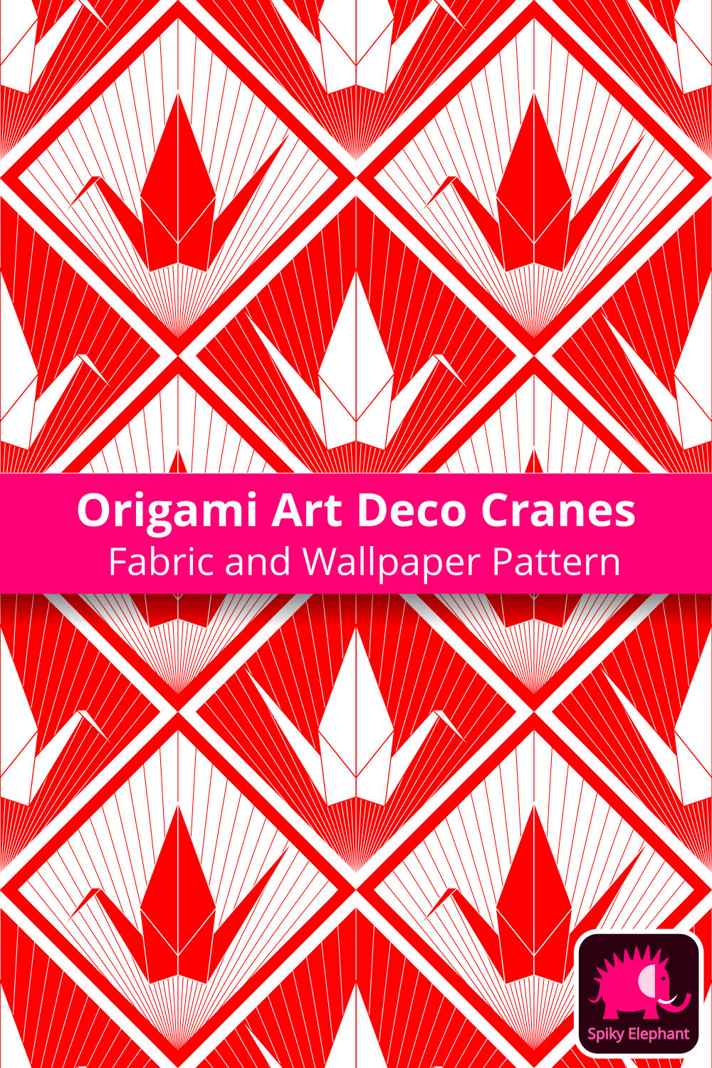 Origami Art Deco Cranes - Red and White wallpaper and fabric - Red and White