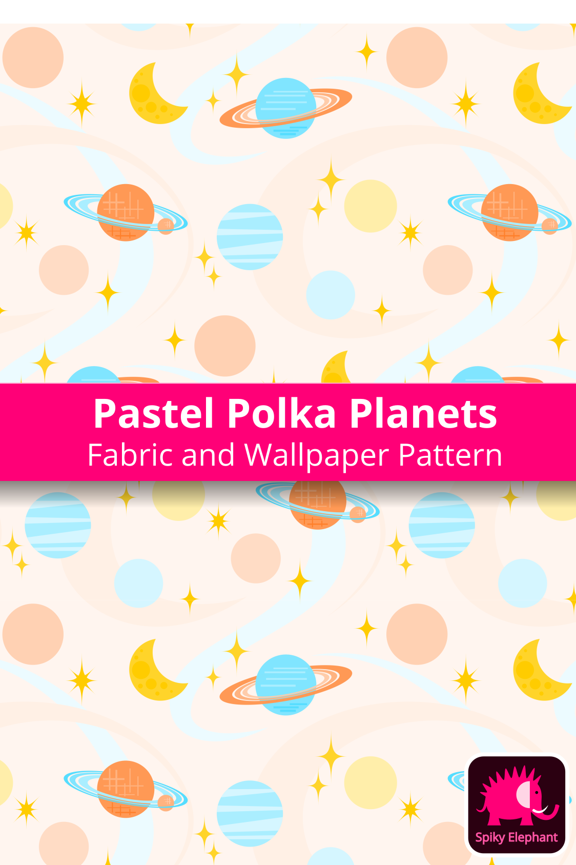 Pastel Polka Planets wallpaper and fabric - Blue, Orange, Yellow and Peach Cream