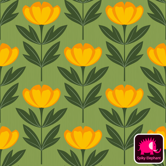 Perfect Peonies wallpaper and fabric - Orange, Yellow and Green Peonies on Light Green