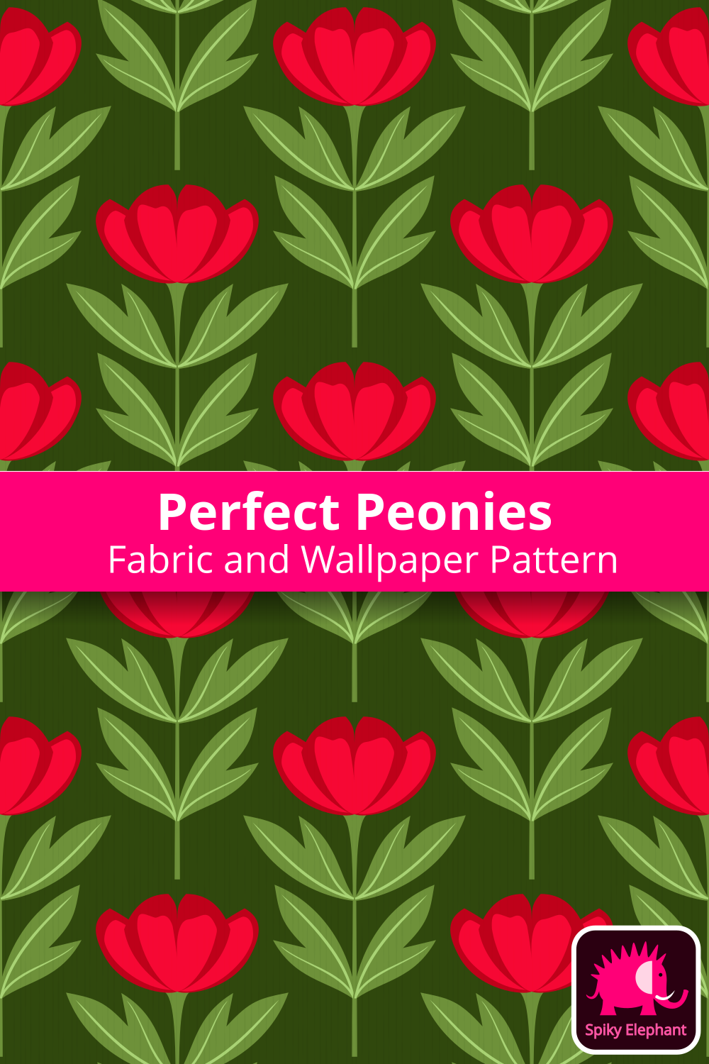 Perfect Peonies - Red and Green Peonies on Dark Green wallpaper and fabric - Red and Green Peonies on Dark Green