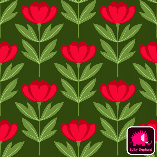 Perfect Peonies wallpaper and fabric - Red and Green Peonies on Dark Green