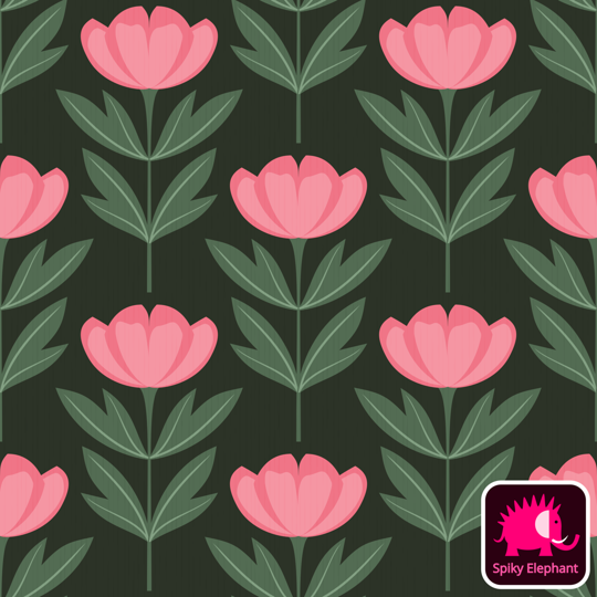 Perfect Peonies wallpaper and fabric - Rose Blush and Green Peonies on Dark Sage Green