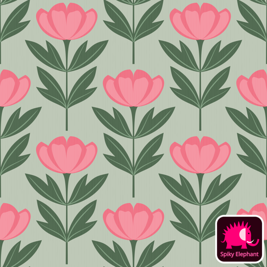 Perfect Peonies wallpaper and fabric - Rose Blush and Green Peonies on Light Sage Green