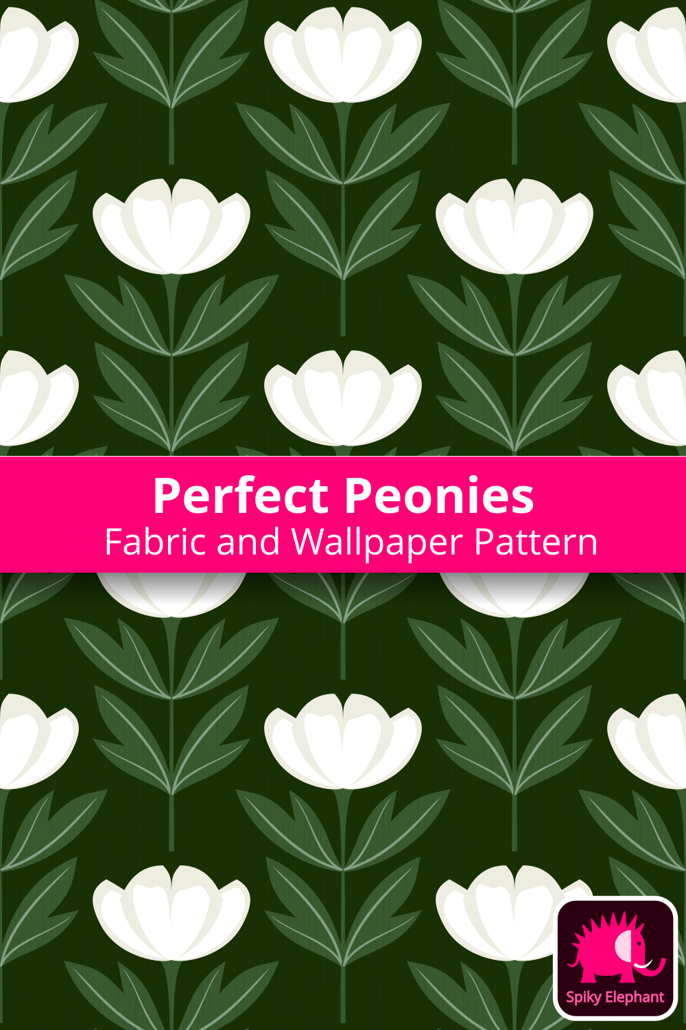 Perfect Peonies - White and Green Peonies on Dark Green wallpaper and fabric - White and Green Peonies on Dark Green