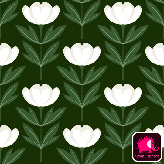 Perfect Peonies wallpaper and fabric - White and Green Peonies on Dark Green