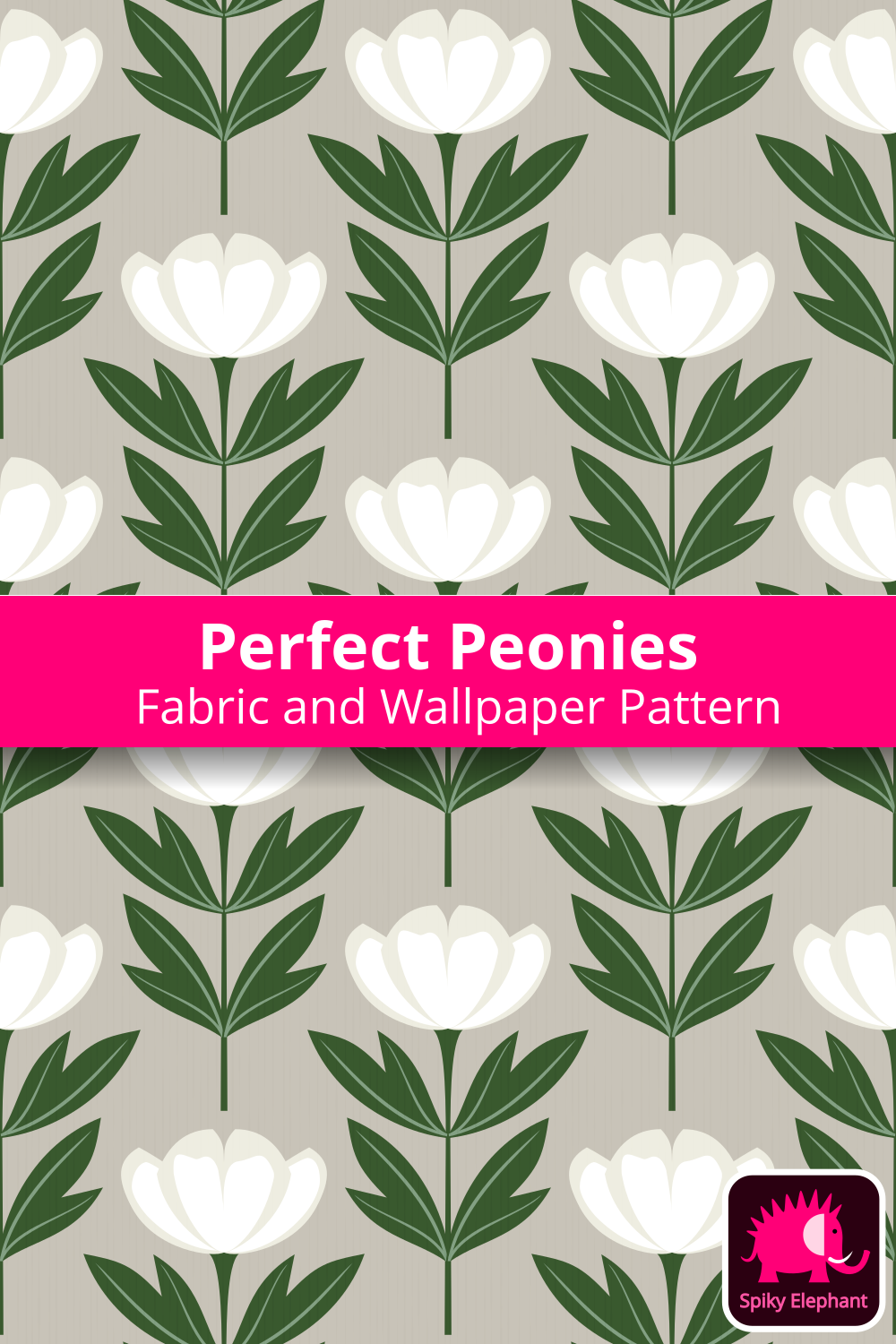 Perfect Peonies - White and Green Peonies on Light Beige wallpaper and fabric - White and Green Peonies on Light Beige