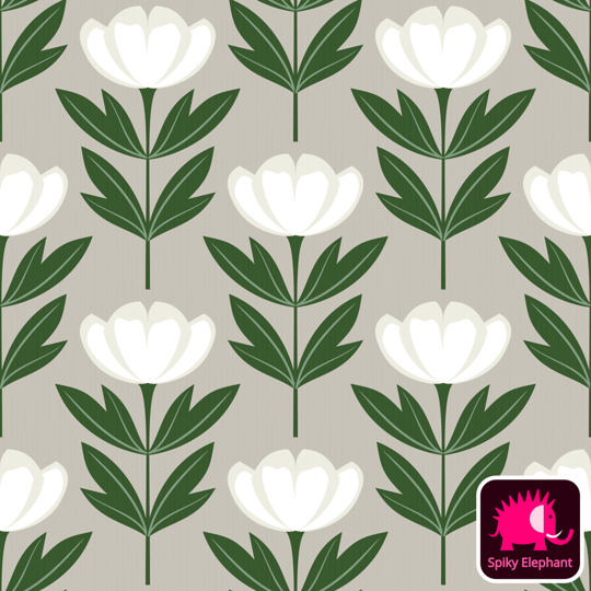 Perfect Peonies wallpaper and fabric - White and Green Peonies on Light Beige