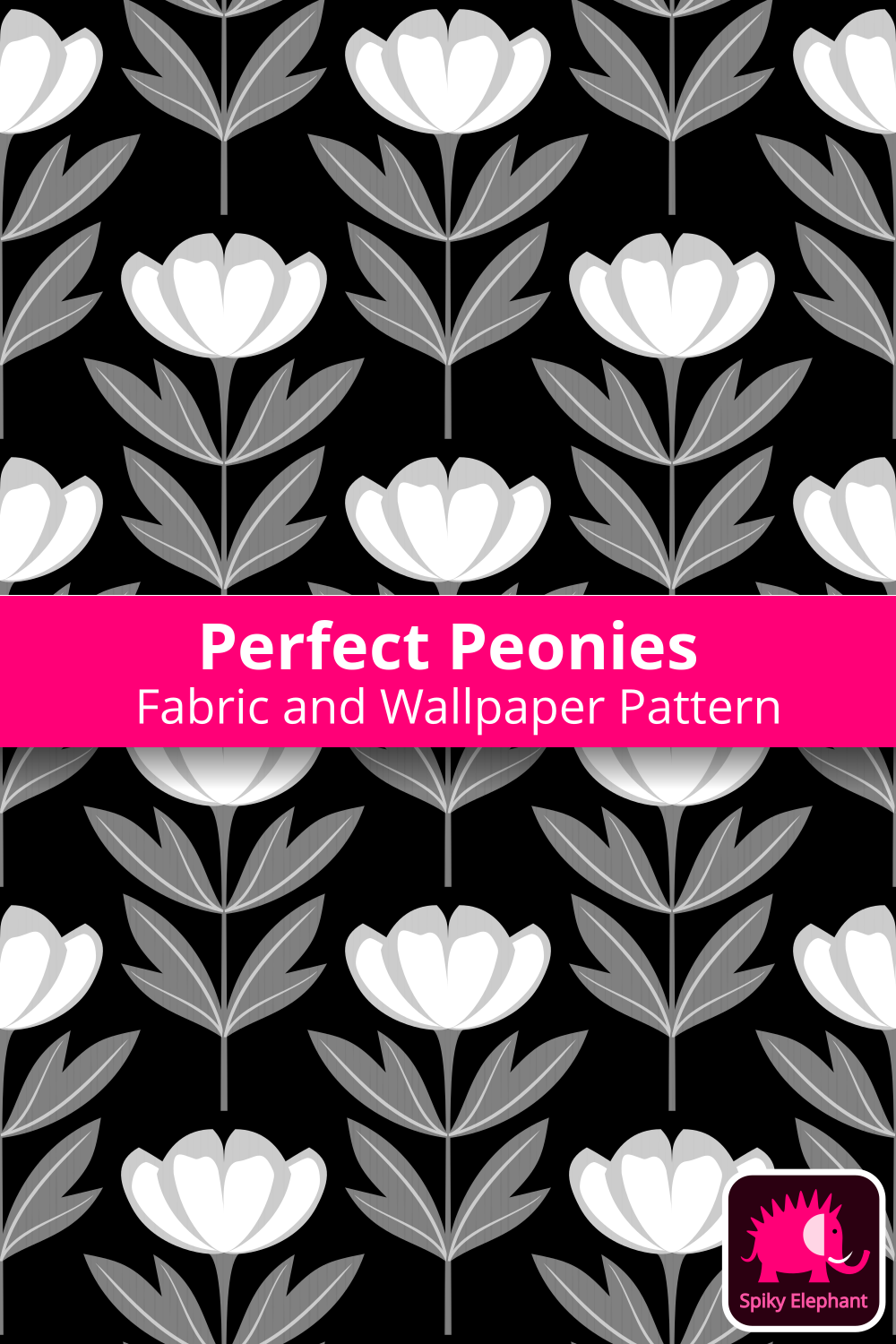 Perfect Peonies - White and Grey Peonies on Black wallpaper and fabric - White and Grey Peonies on Black